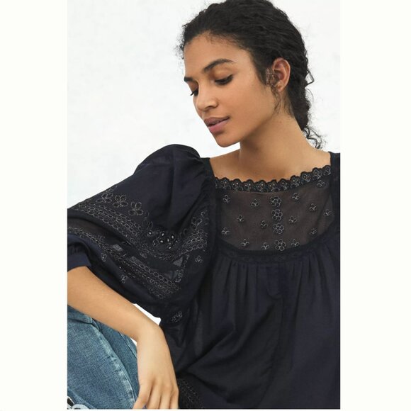 Anthropologie Rare Jaslyn Embroidered Lace Blouse Navy Gold Size Large - Picture 5 of 10